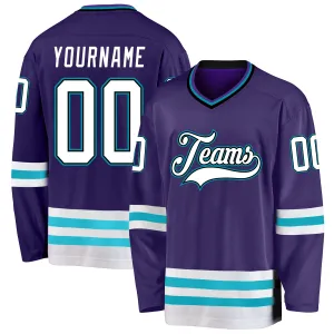 Custom Purple White-Teal Hockey Jersey FansIdea