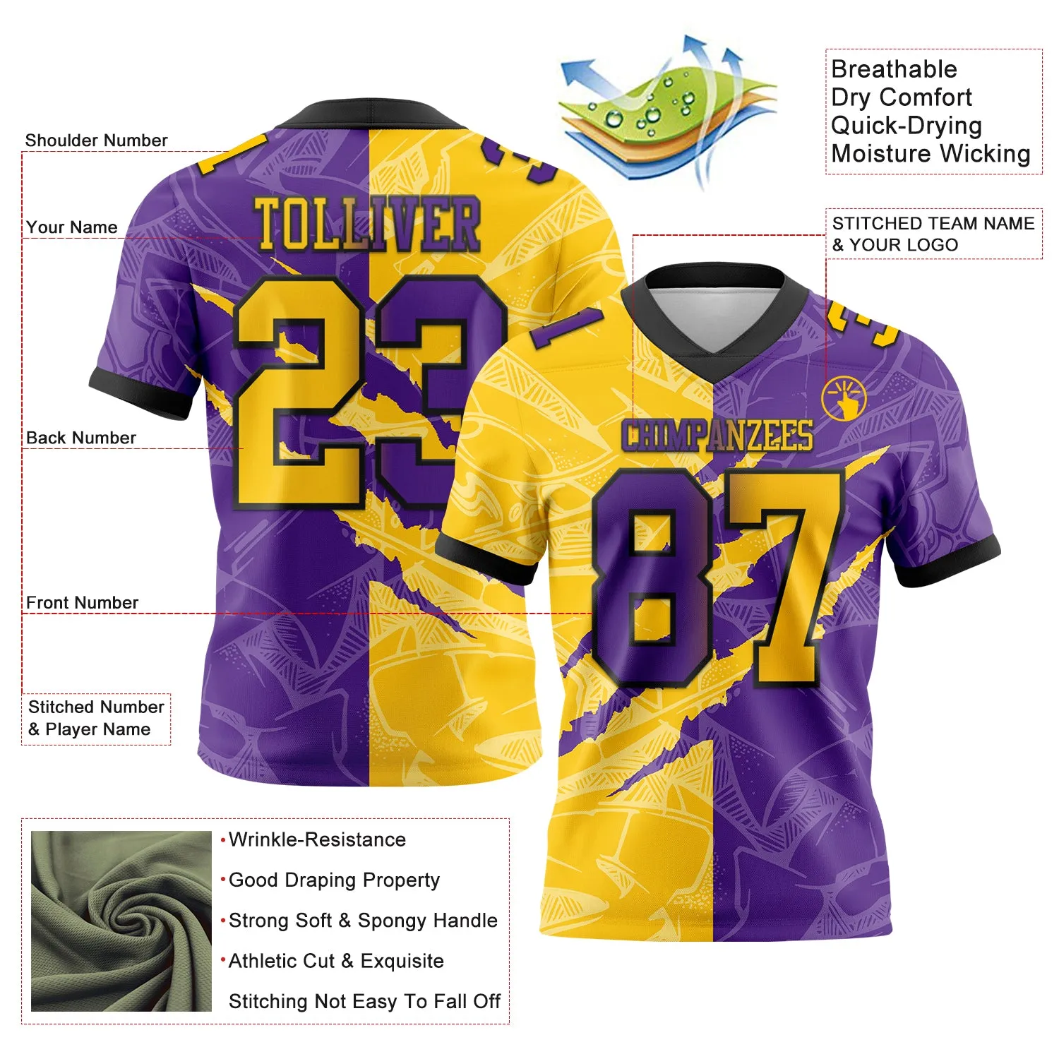 Custom Purple Yellow-Black Mesh Authentic Gradient Fashion Scratch Football Jersey