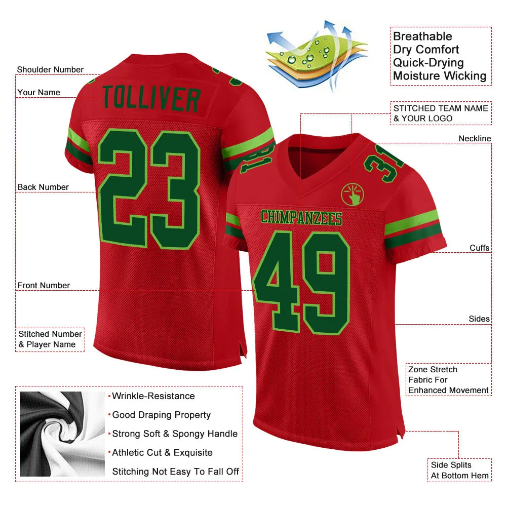 Custom Red Green-Neon Green Mesh Authentic Football Jersey FansIdea