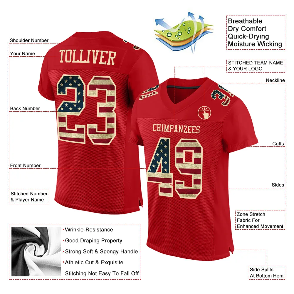 Custom Red Vintage USA Flag-City Cream Mesh Authentic Football Jersey FansIdea