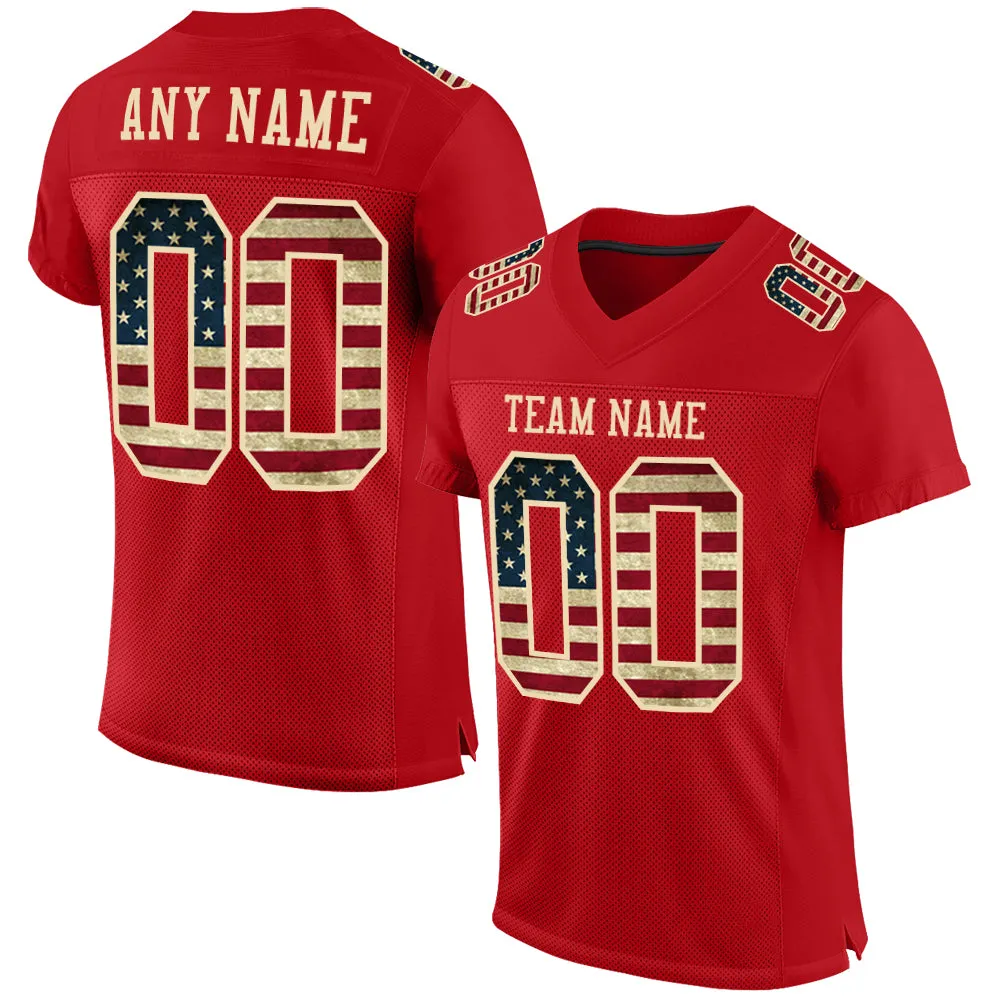 Custom Red Vintage USA Flag-City Cream Mesh Authentic Football Jersey FansIdea