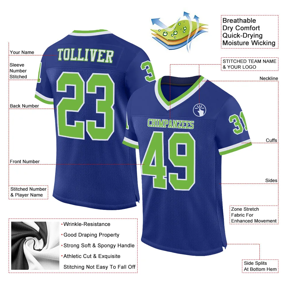Custom Royal Neon Green-White Mesh Authentic Throwback Football Jersey FansIdea