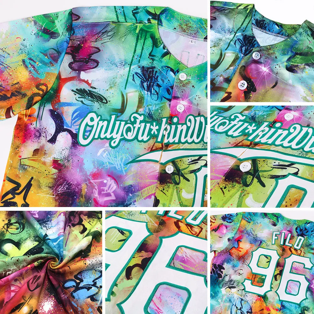 Custom Scratch Graffiti Pattern White-Kelly Green 3D Authentic Baseball Jersey FansIdea