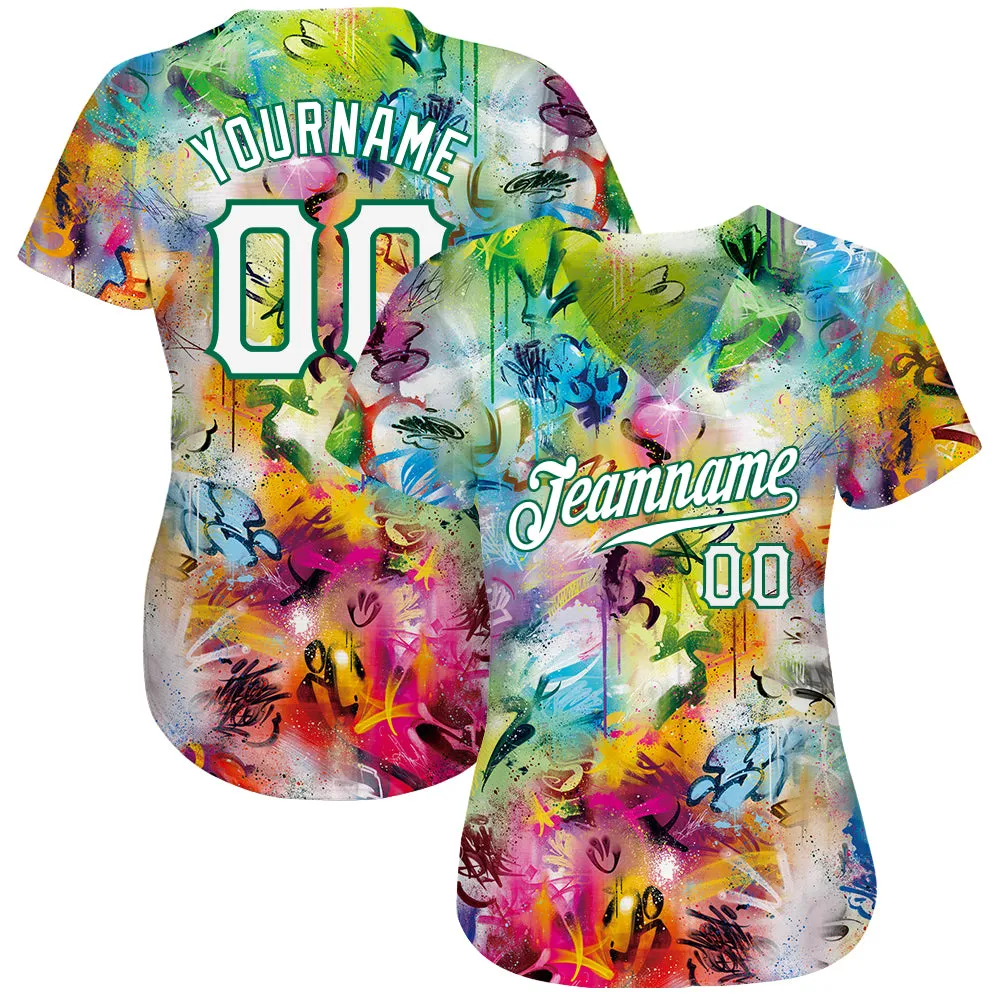 Custom Scratch Graffiti Pattern White-Kelly Green 3D Authentic Baseball Jersey FansIdea