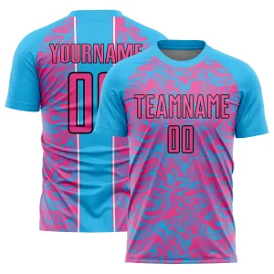 Custom Sky Blue Pink-Black Abstract Fluid Sublimation Soccer Uniform Jersey FansIdea