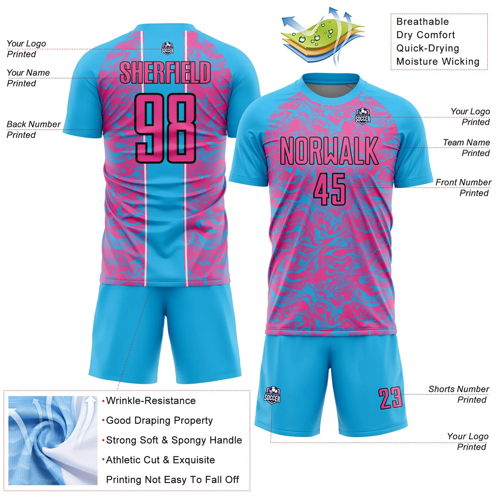 Custom Sky Blue Pink-Black Abstract Fluid Sublimation Soccer Uniform Jersey FansIdea