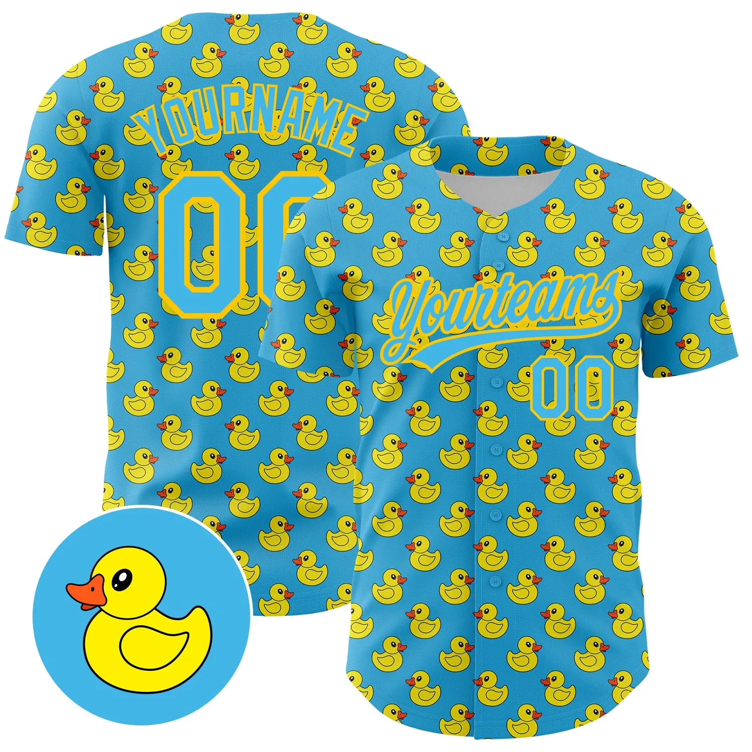 Custom Sky Blue Yellow 3D Pattern Design Animal Duck Authentic Baseball Jersey FansIdea