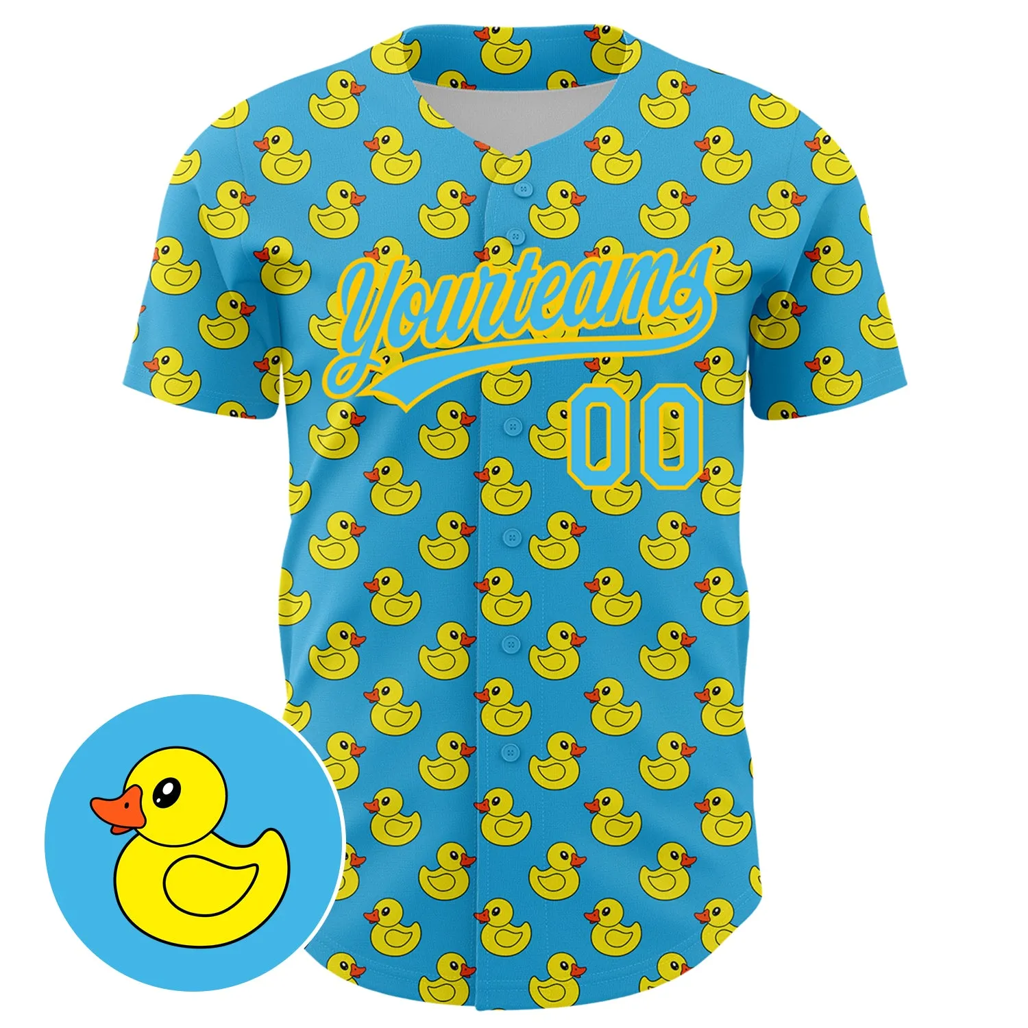 Custom Sky Blue Yellow 3D Pattern Design Animal Duck Authentic Baseball Jersey FansIdea