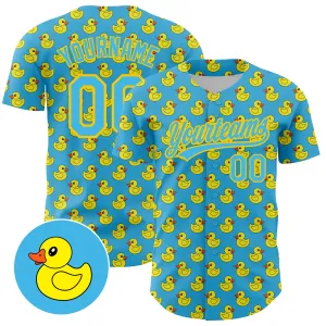 Custom Sky Blue Yellow 3D Pattern Design Animal Duck Authentic Baseball Jersey FansIdea