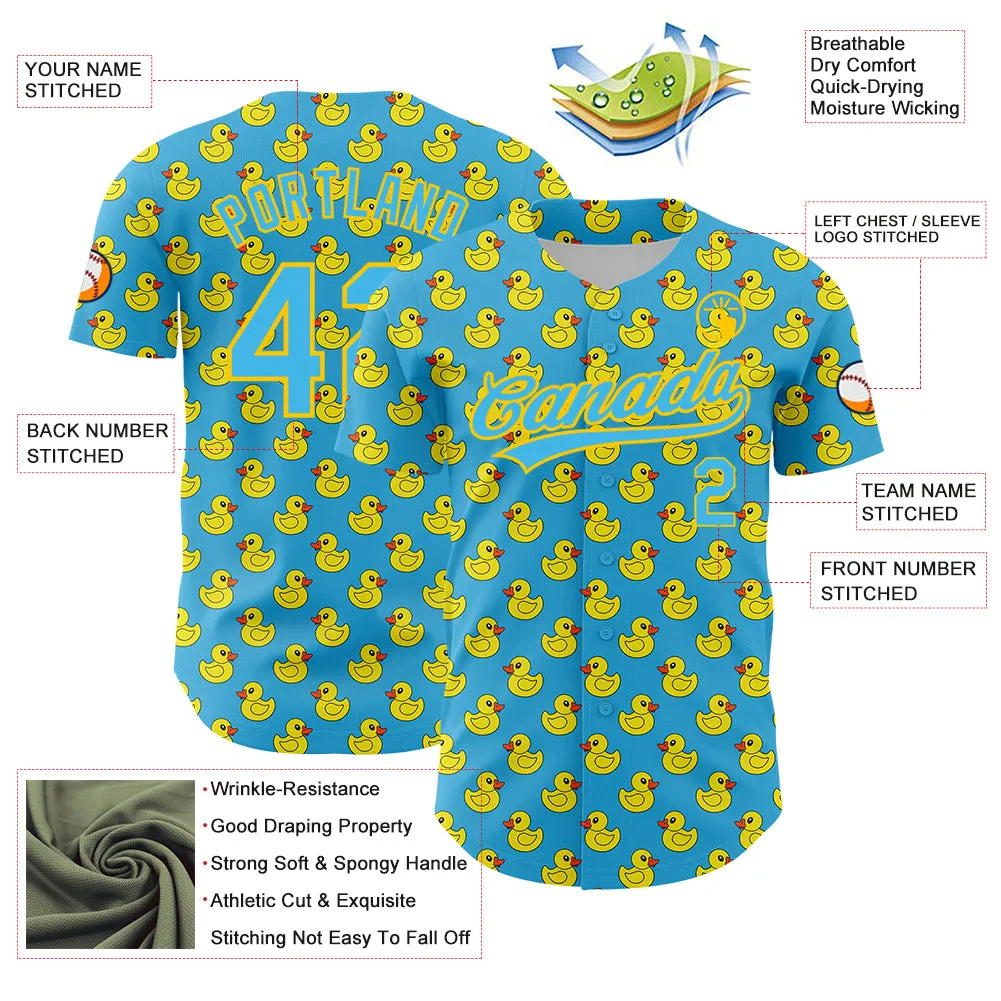 Custom Sky Blue Yellow 3D Pattern Design Animal Duck Authentic Baseball Jersey FansIdea