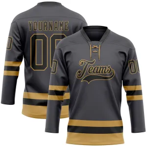 Custom Steel Gray Black-Old Gold Hockey Lace Neck Jersey FansIdea