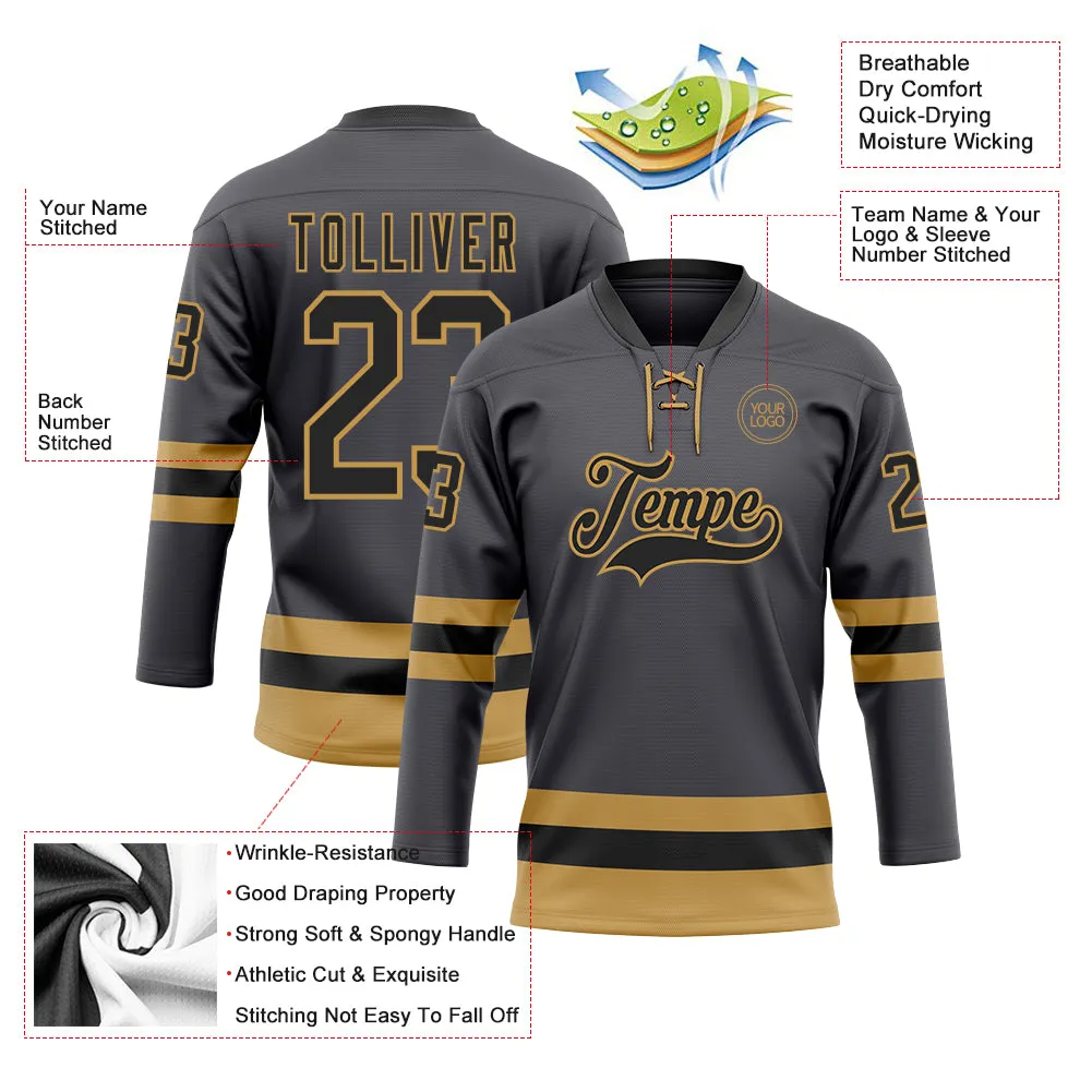 Custom Steel Gray Black-Old Gold Hockey Lace Neck Jersey FansIdea
