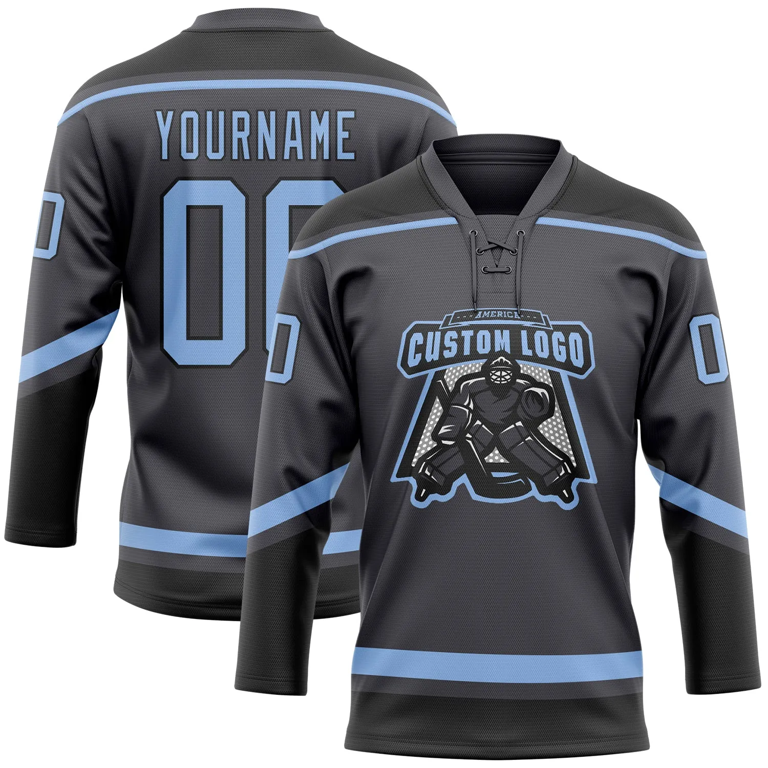 Custom Steel Gray Light Blue-Black Hockey Lace Neck Jersey FansIdea