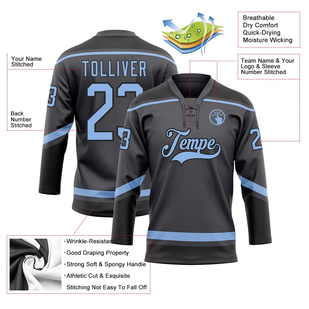 Custom Steel Gray Light Blue-Black Hockey Lace Neck Jersey FansIdea