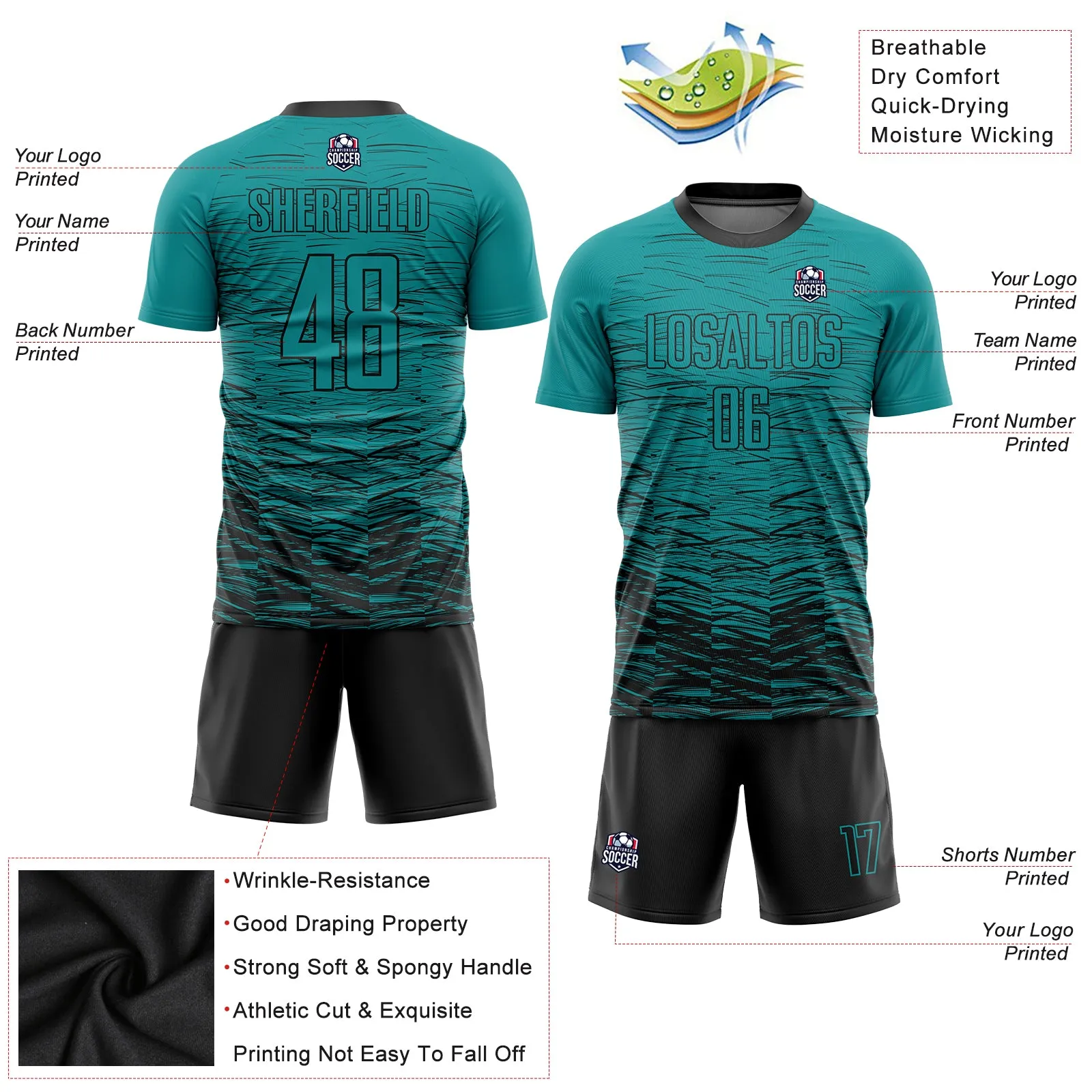 Custom Teal Black Sublimation Soccer Uniform Jersey FansIdea