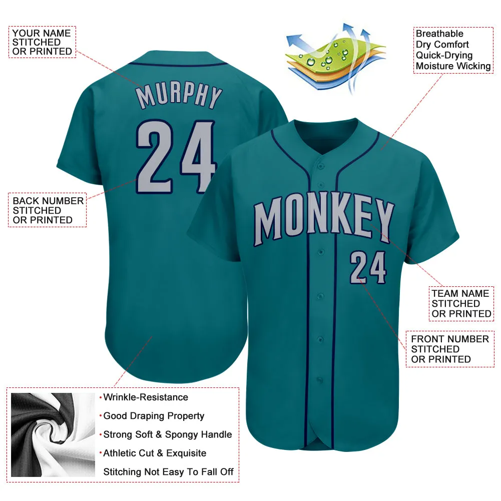 Custom Teal Gray-Navy Authentic Baseball Jersey FansIdea