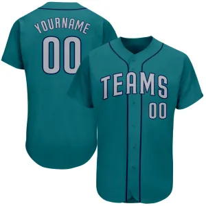 Custom Teal Gray-Navy Authentic Baseball Jersey FansIdea