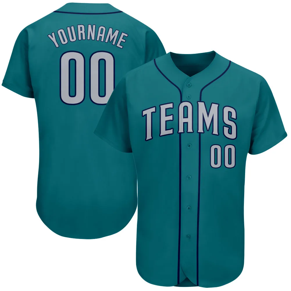 Custom Teal Gray-Navy Authentic Baseball Jersey FansIdea