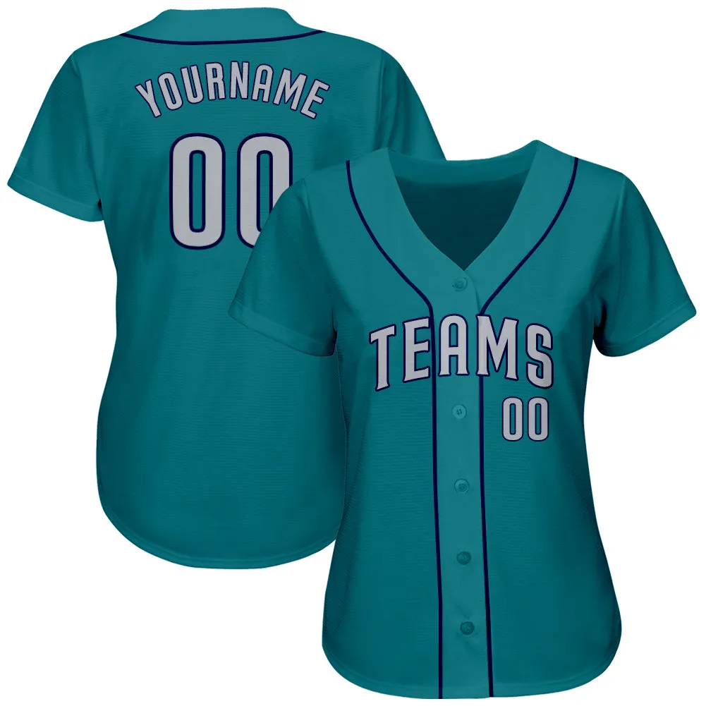 Custom Teal Gray-Navy Authentic Baseball Jersey FansIdea