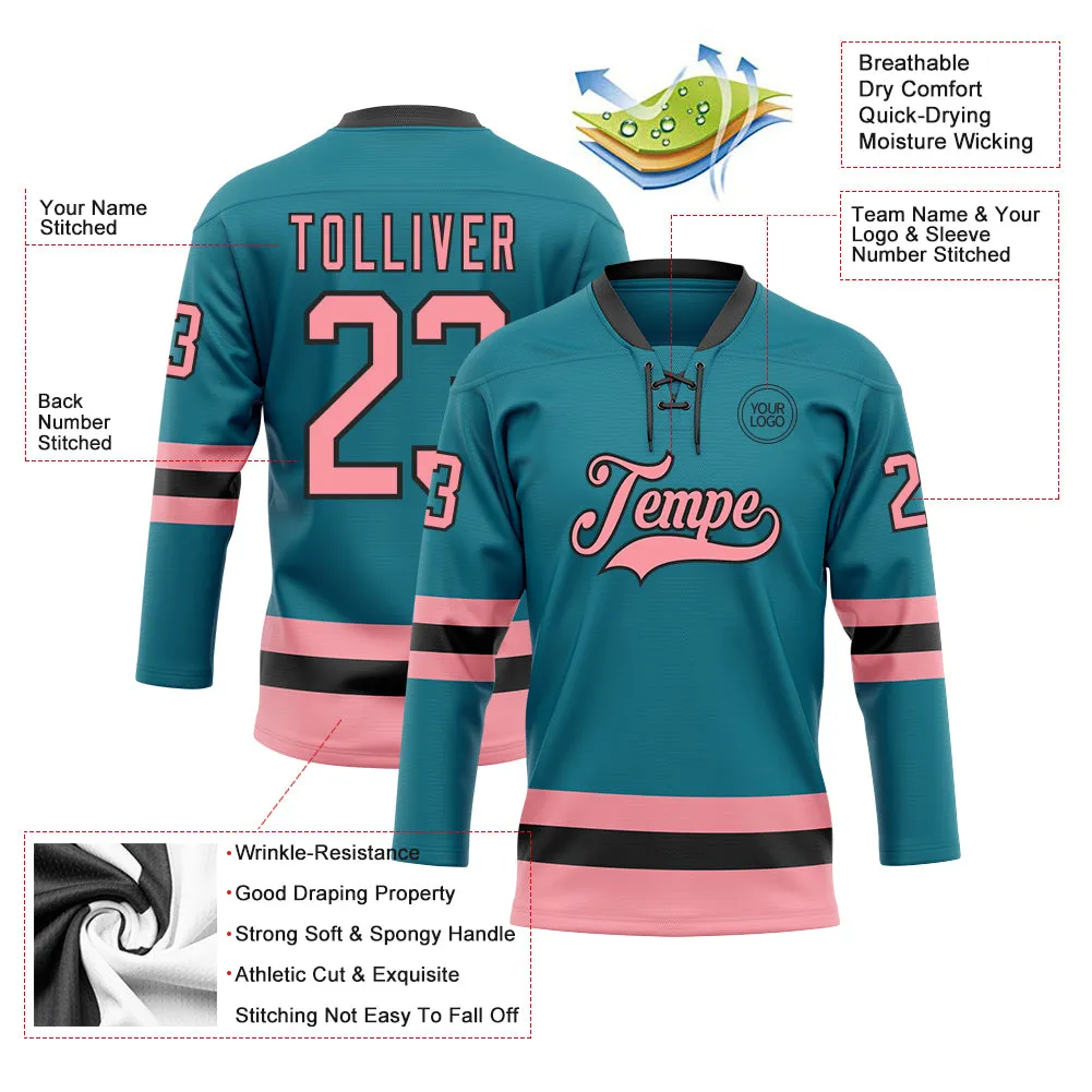 Custom Teal Medium Pink-Black Hockey Lace Neck Jersey FansIdea