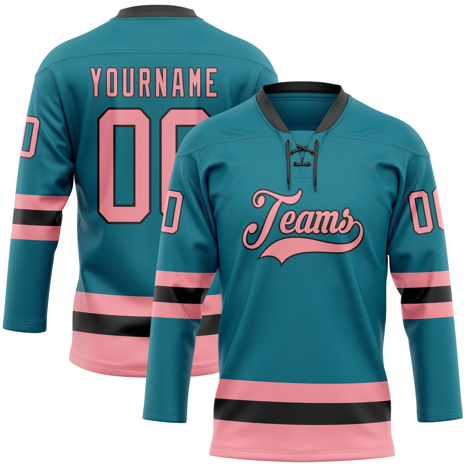 Custom Teal Medium Pink-Black Hockey Lace Neck Jersey FansIdea