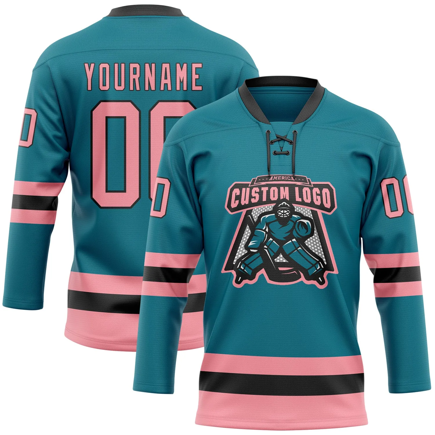 Custom Teal Medium Pink-Black Hockey Lace Neck Jersey FansIdea