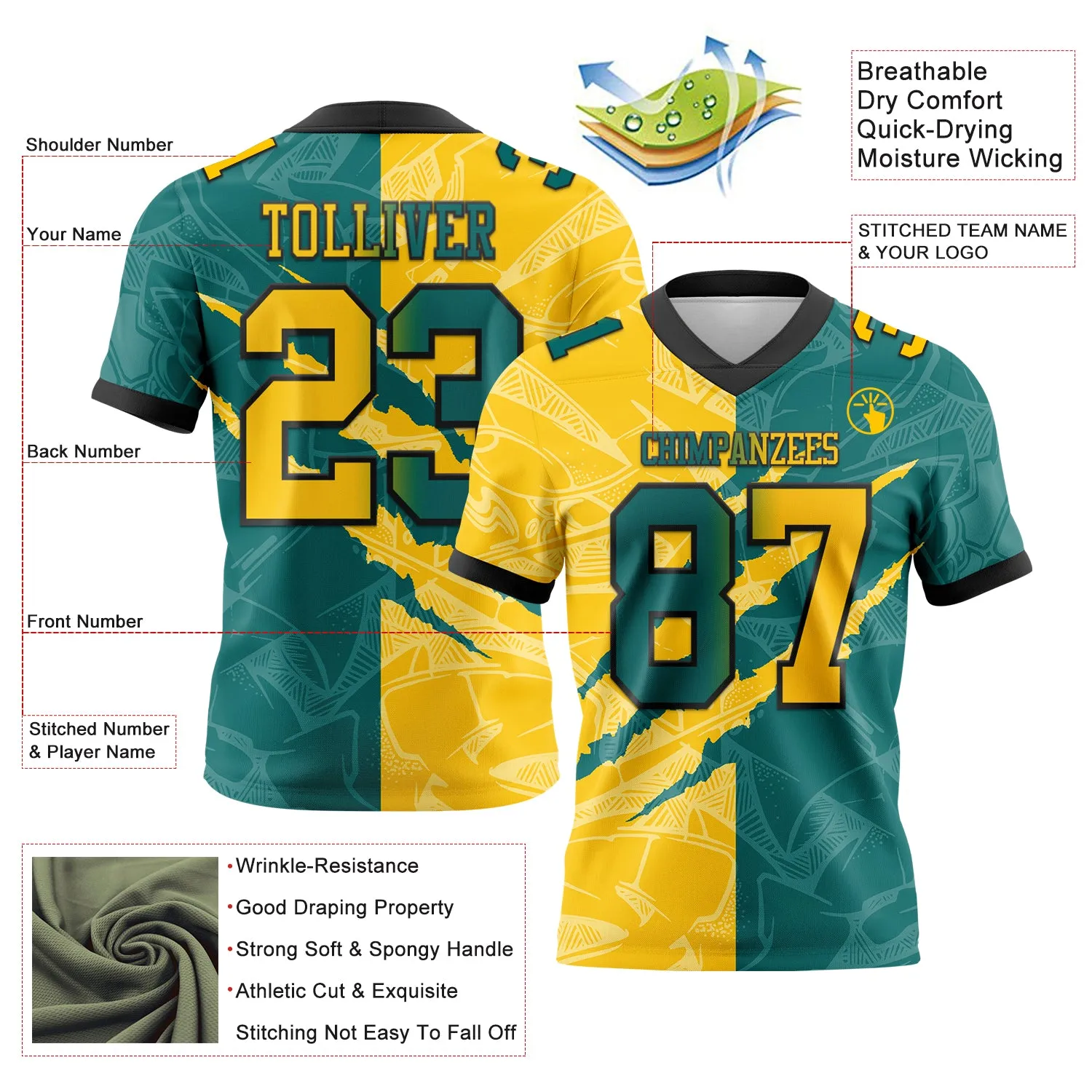 Custom Teal Yellow-Black Mesh Authentic Gradient Fashion Scratch Football Jersey