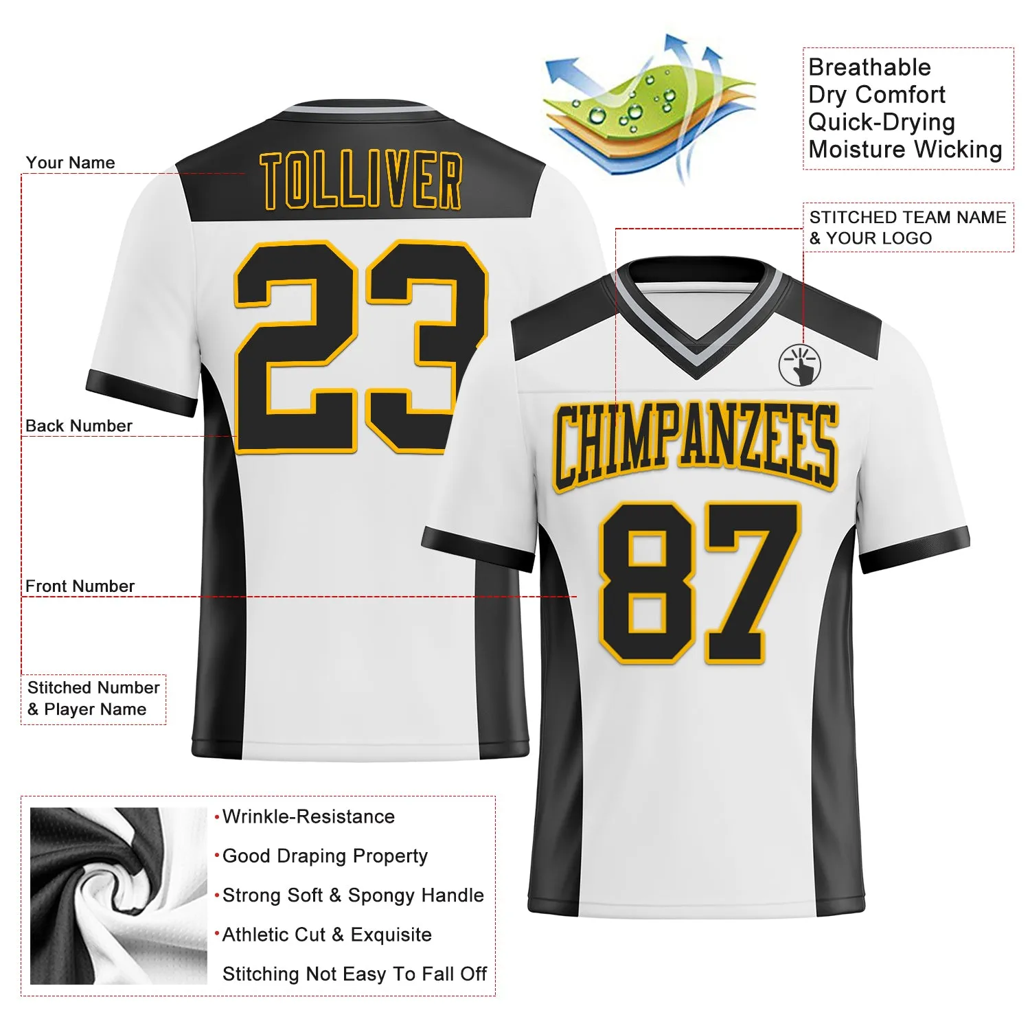 Custom White Black-Gold Mesh Authentic Football Jersey FansIdea