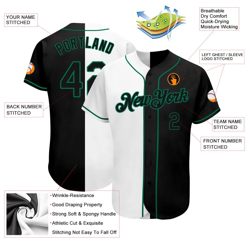 Custom White-Black Kelly Green Authentic Split Fashion Baseball Jersey FansIdea