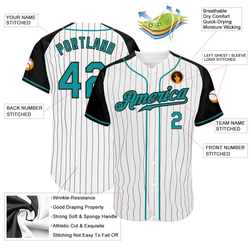Custom White Black Pinstripe Teal-Black Authentic Raglan Sleeves Baseball Jersey FansIdea