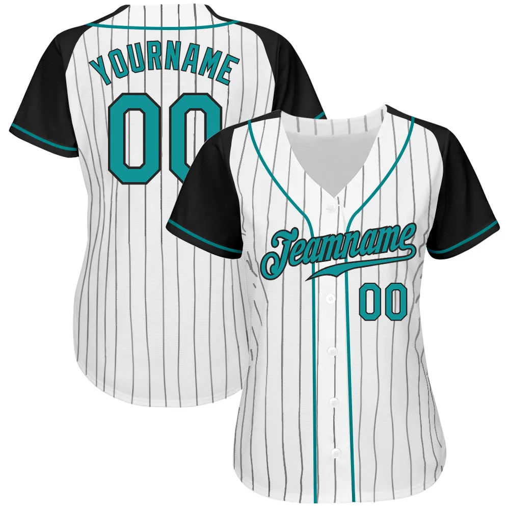 Custom White Black Pinstripe Teal-Black Authentic Raglan Sleeves Baseball Jersey FansIdea