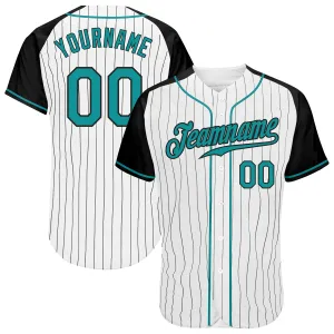 Custom White Black Pinstripe Teal-Black Authentic Raglan Sleeves Baseball Jersey FansIdea