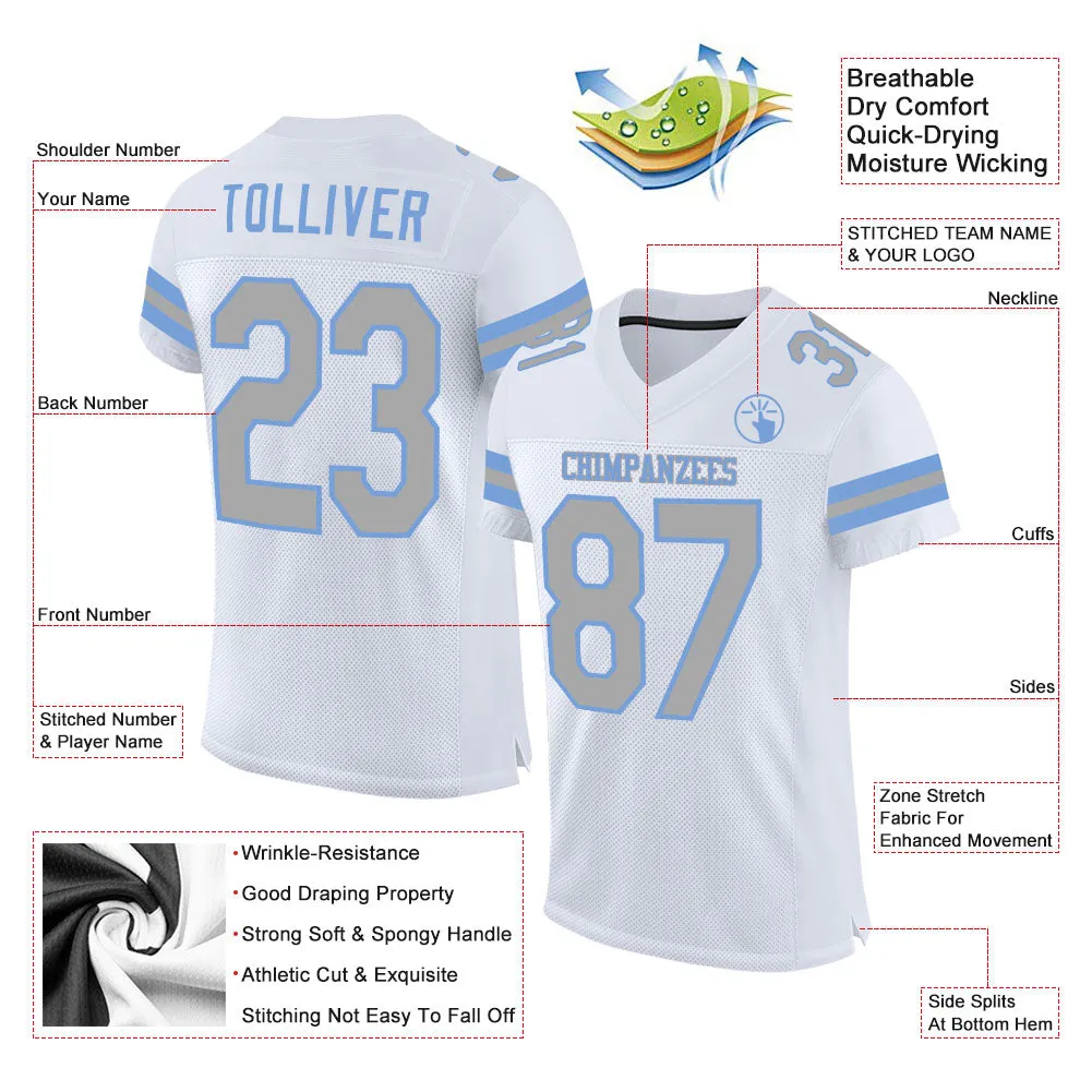 Custom White Gray-Light Blue Mesh Authentic Football Jersey FansIdea