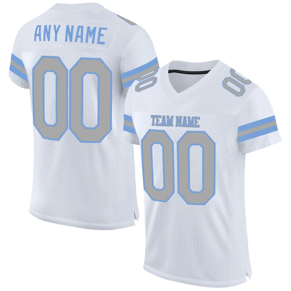 Custom White Gray-Light Blue Mesh Authentic Football Jersey FansIdea