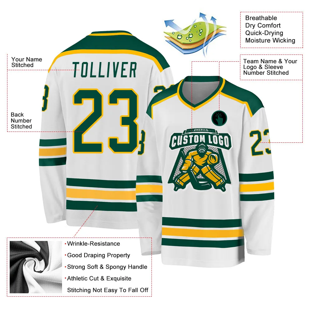 Custom White Green-Gold Hockey Jersey FansIdea