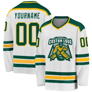 Custom White Green-Gold Hockey Jersey FansIdea