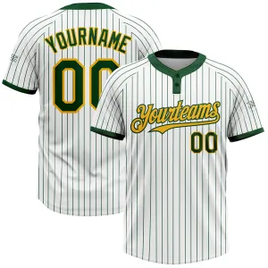 Custom White Green Pinstripe Gold Two-Button Unisex Softball Jersey