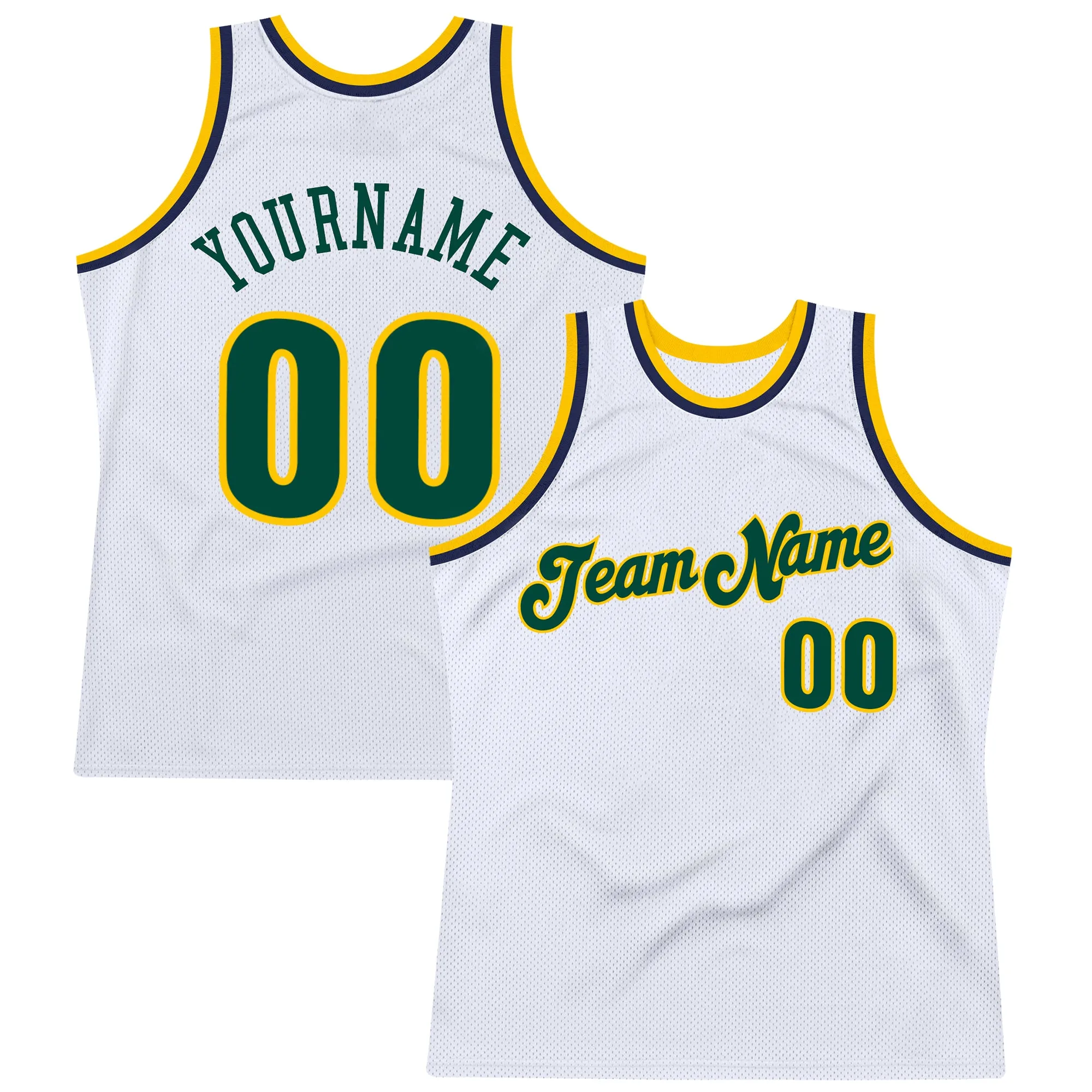 Custom White Hunter Green-Gold Authentic Throwback Basketball Jersey FansIdea