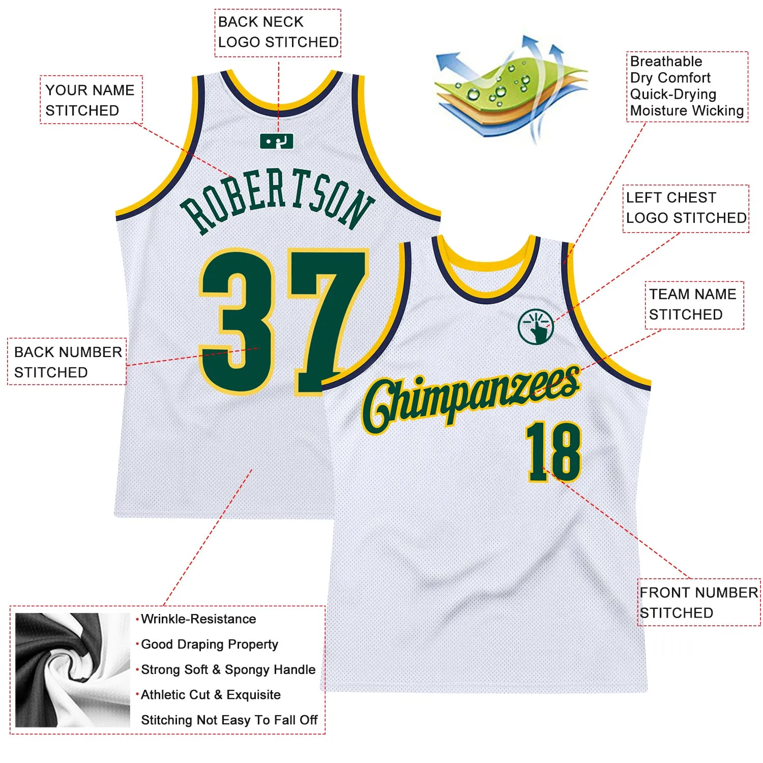 Custom White Hunter Green-Gold Authentic Throwback Basketball Jersey FansIdea