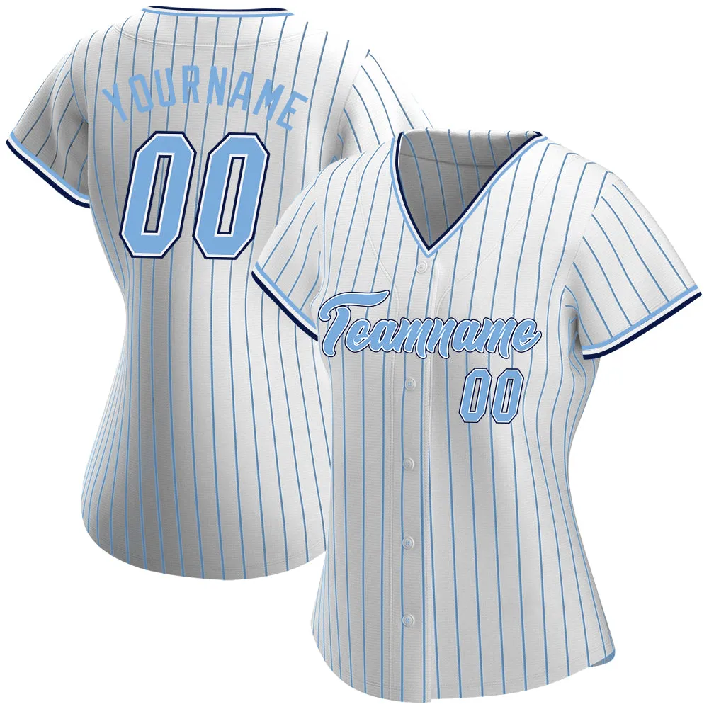 Custom White Light Blue Pinstripe Light Blue-Navy Authentic Baseball Jersey FansIdea