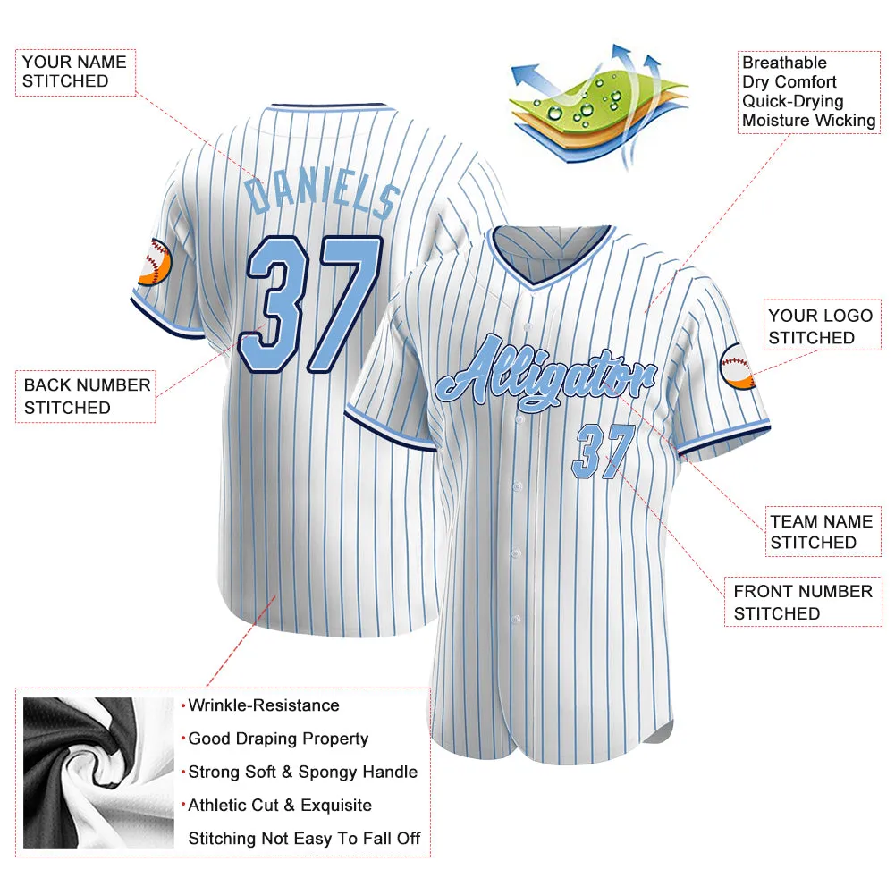 Custom White Light Blue Pinstripe Light Blue-Navy Authentic Baseball Jersey FansIdea
