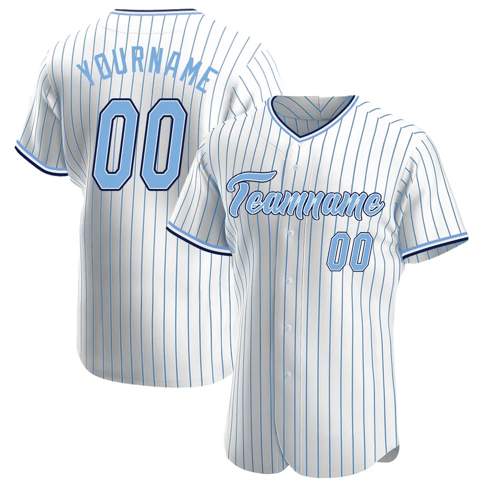 Custom White Light Blue Pinstripe Light Blue-Navy Authentic Baseball Jersey FansIdea