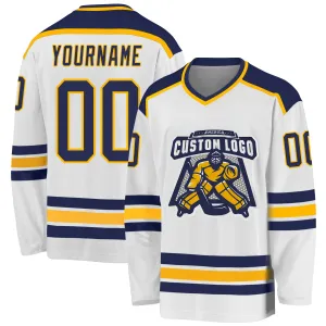 Custom White Navy-Gold Hockey Jersey FansIdea