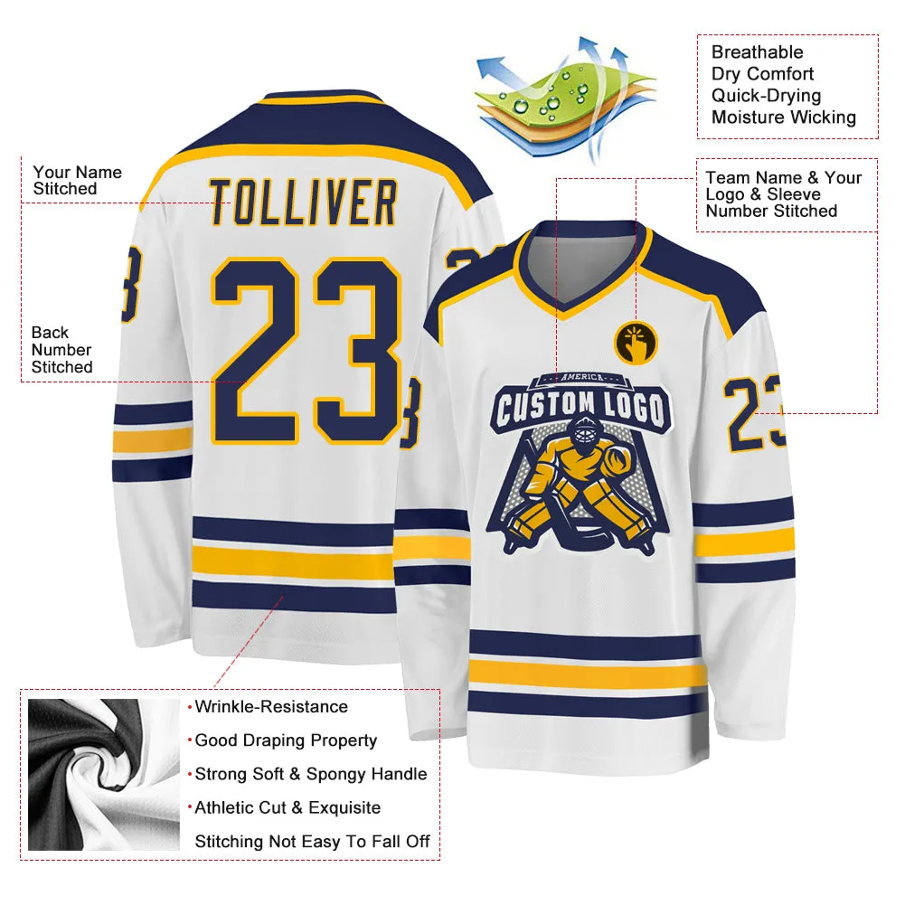 Custom White Navy-Gold Hockey Jersey FansIdea