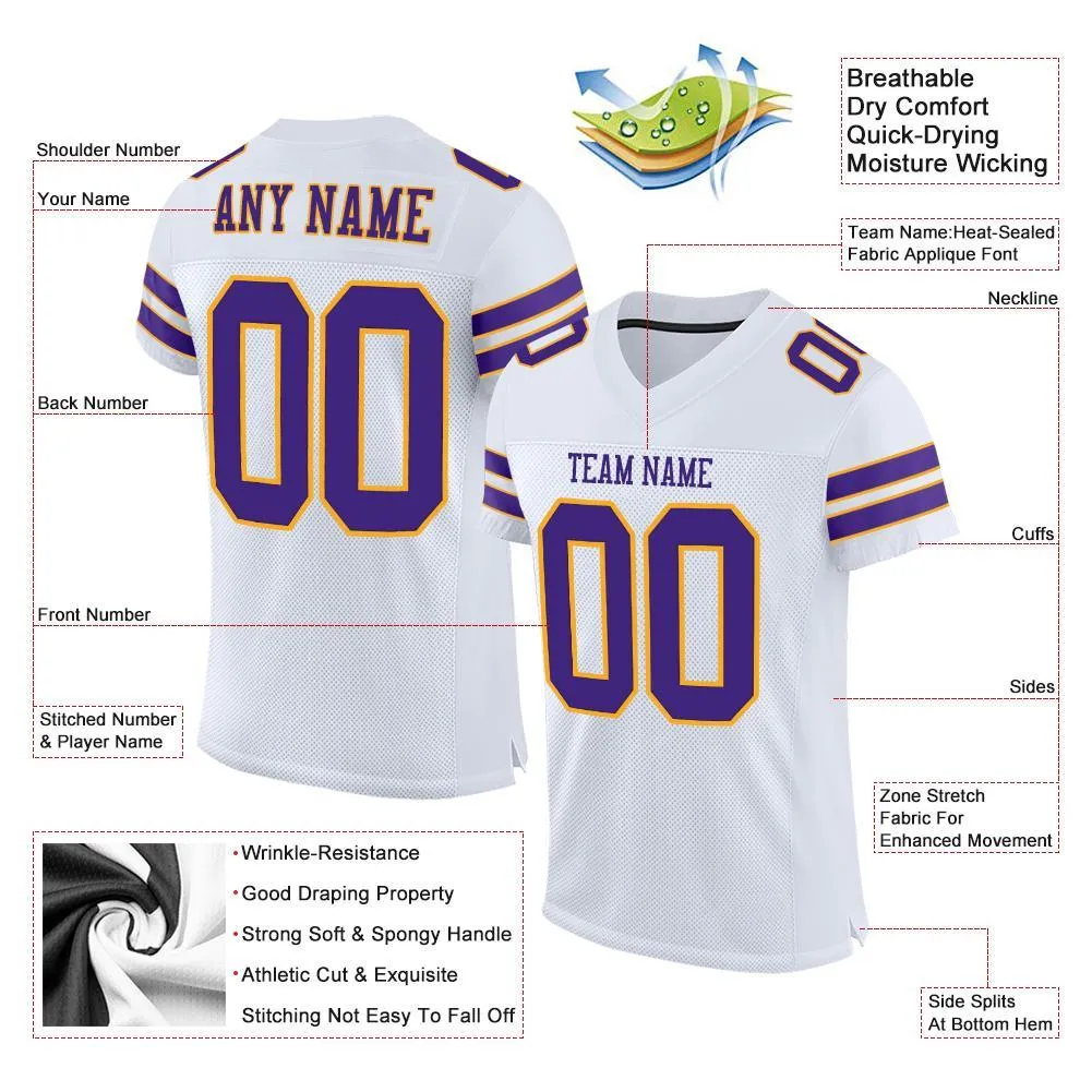 Custom White Purple-Gold Mesh Authentic Football Jersey FansIdea