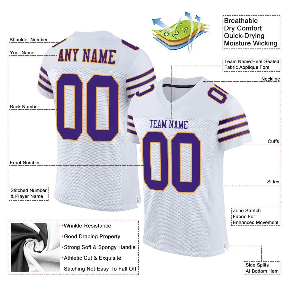 Custom White Purple-Gold Mesh Authentic Football Jersey FansIdea