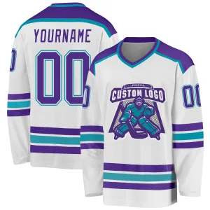 Custom White Purple-Teal Hockey Jersey FansIdea