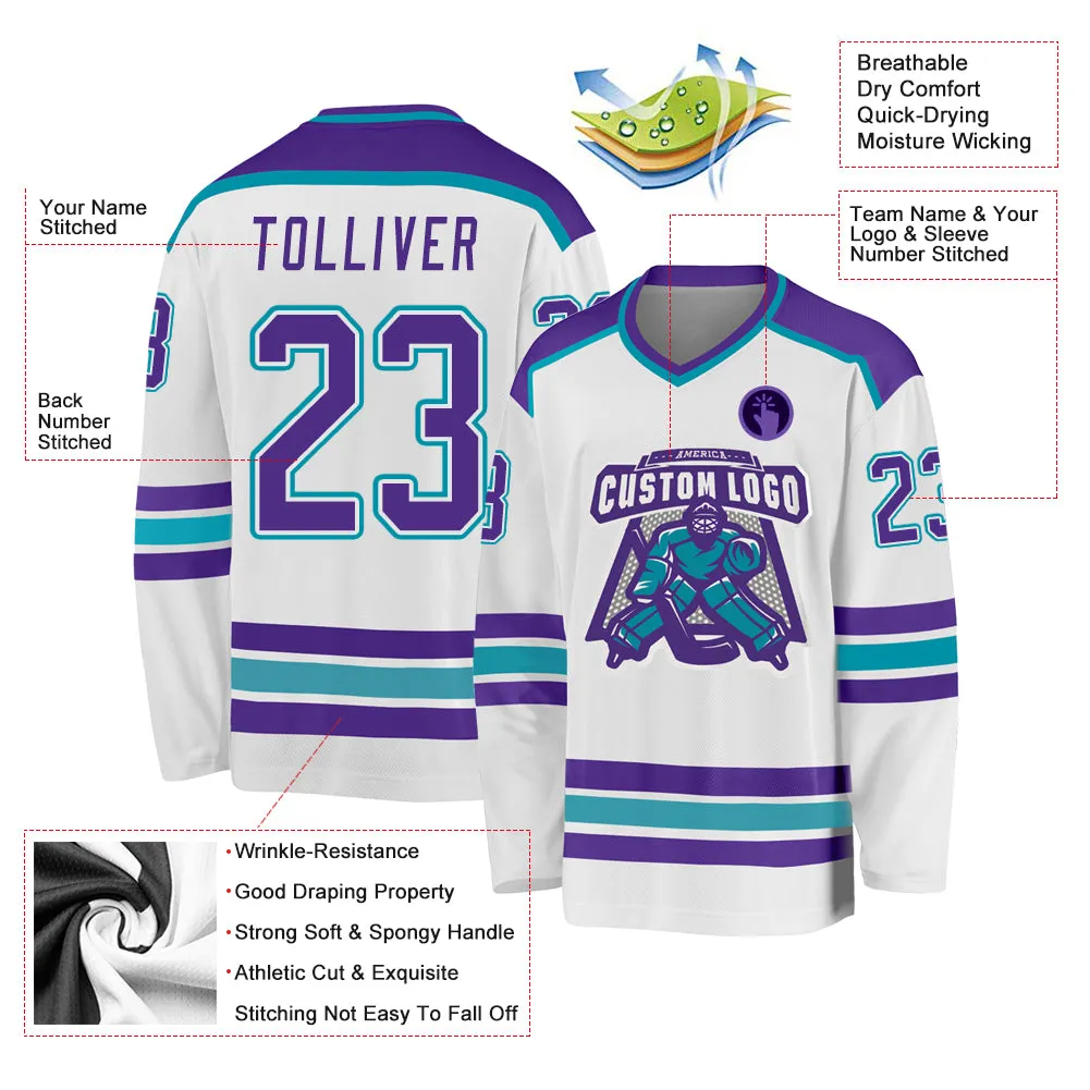 Custom White Purple-Teal Hockey Jersey FansIdea