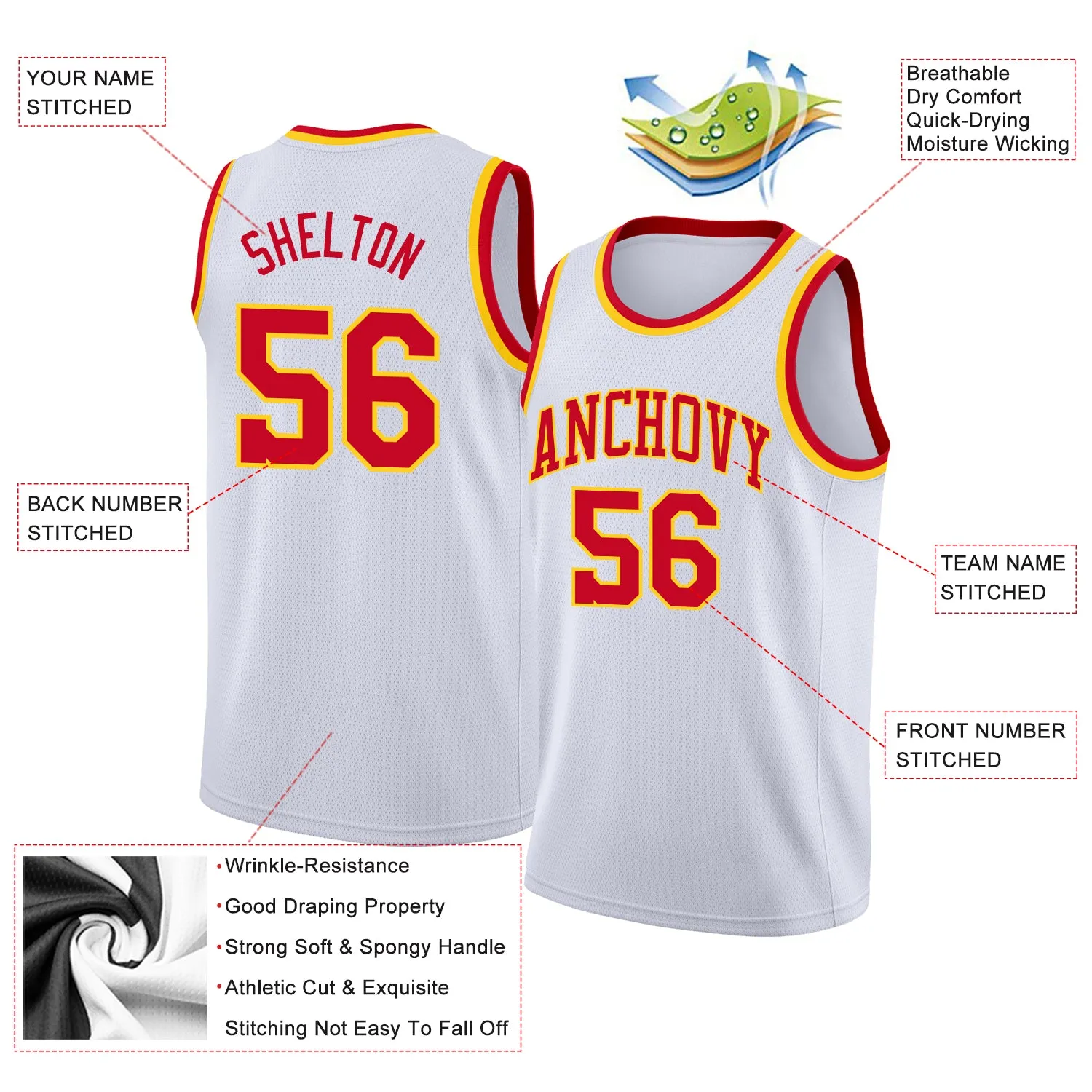 Custom White Red-Gold Round Neck Rib-Knit Basketball Jersey FansIdea