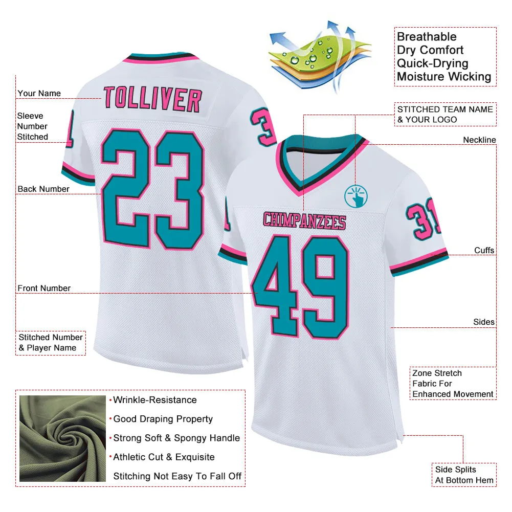 Custom White Teal Black-Pink Mesh Authentic Throwback Football Jersey FansIdea